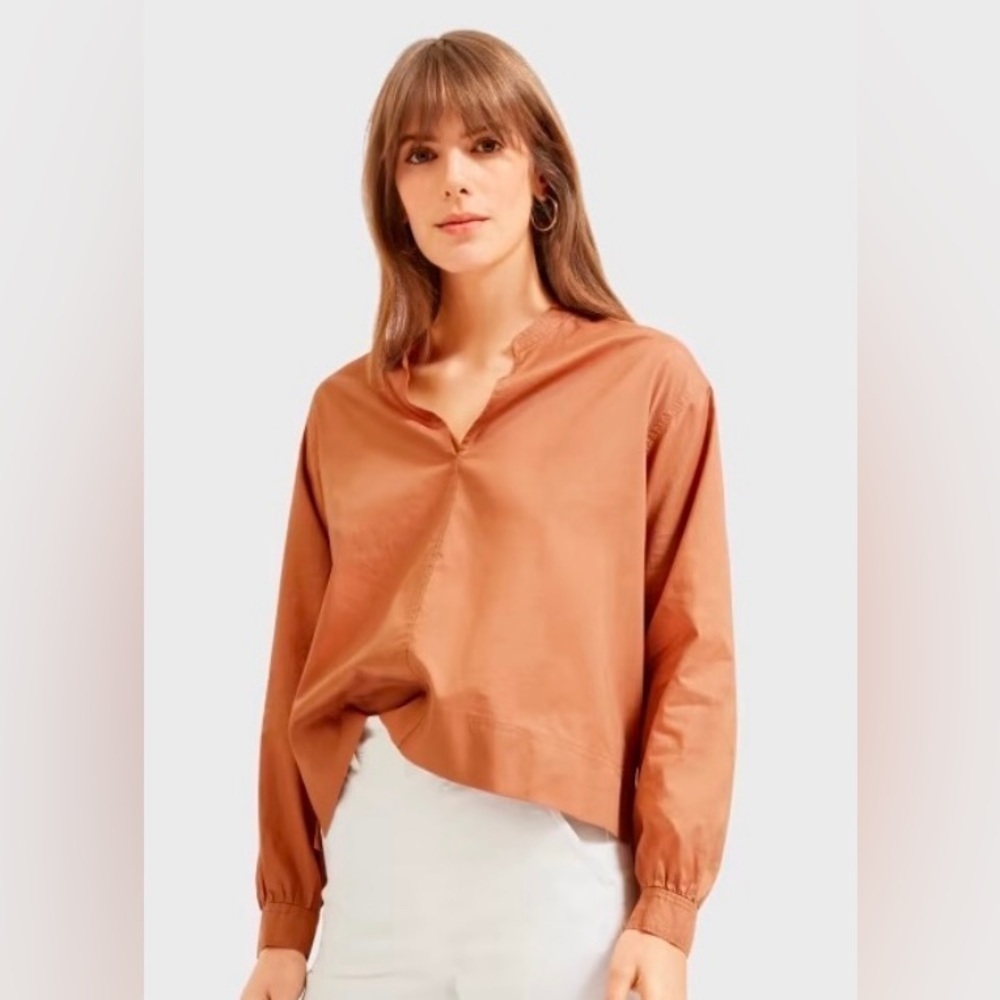 Everlane The Silky Cotton Split Neck Blouse in Tawny Brown‎ 2